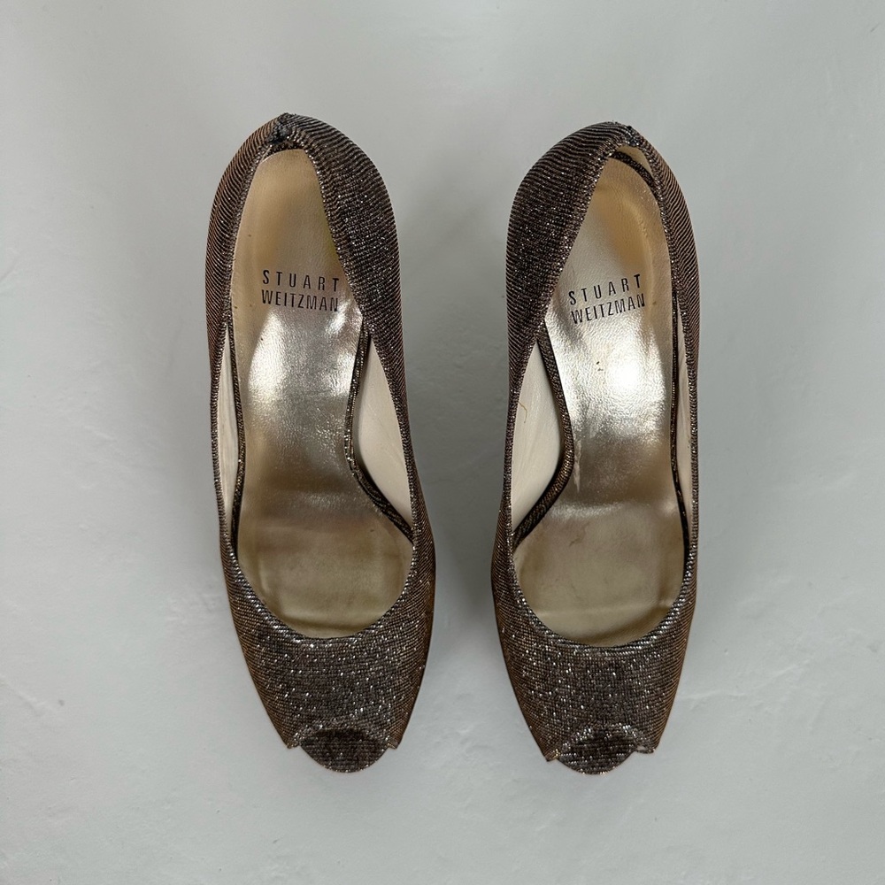 Stuart Weitzman Pyrite Nocturn Evebaton Evening Open Toe Platform Pumps | Size 7